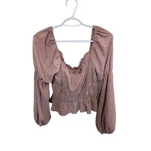 ASTR THE LABEL Womens Smocked Square Neck Peplum Top Rose Gold Puff Sleeve M